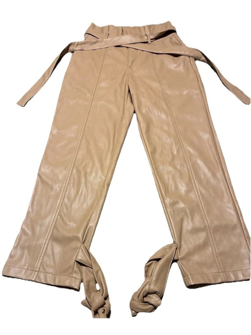 Lucy Paris Womens XS Tan Faux Leather Cargo Pants Paperbag Waist Ankle Tie